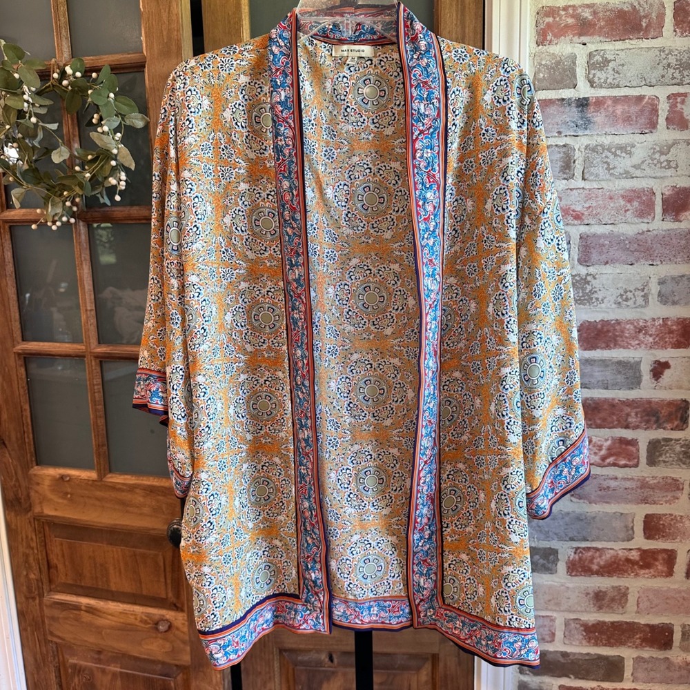 Max Studio Kimono Women Yellow Blue Paisley Floral Open Front Cardigan Gypsy M